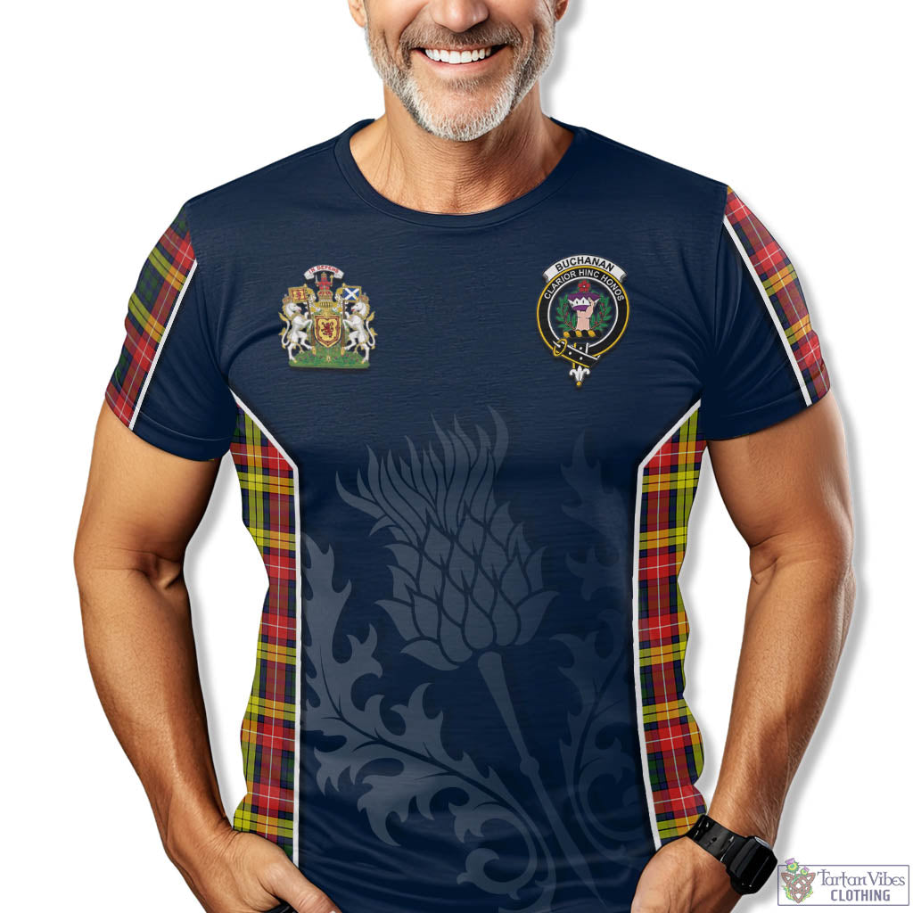 Tartan Vibes Clothing Buchanan Modern Tartan T-Shirt with Family Crest and Scottish Thistle Vibes Sport Style