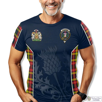 Buchanan Modern Tartan T-Shirt with Family Crest and Scottish Thistle Vibes Sport Style