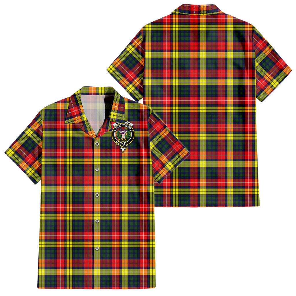 Buchanan Modern Tartan Short Sleeve Button Down Shirt with Family Crest - Tartanvibesclothing