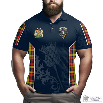 Buchanan Modern Tartan Men's Polo Shirt with Family Crest and Scottish Thistle Vibes Sport Style