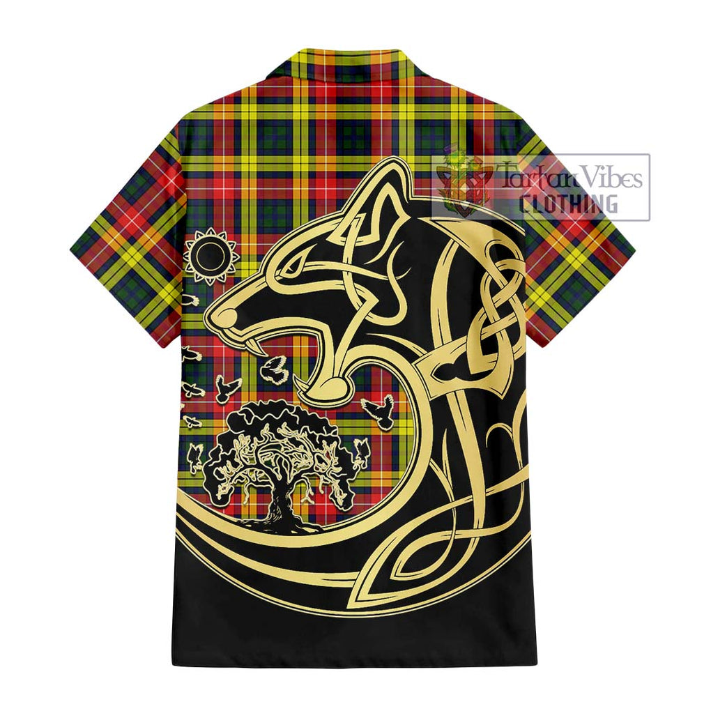 Buchanan Modern Tartan Short Sleeve Button Shirt with Family Crest Celtic Wolf Style - Tartan Vibes Clothing