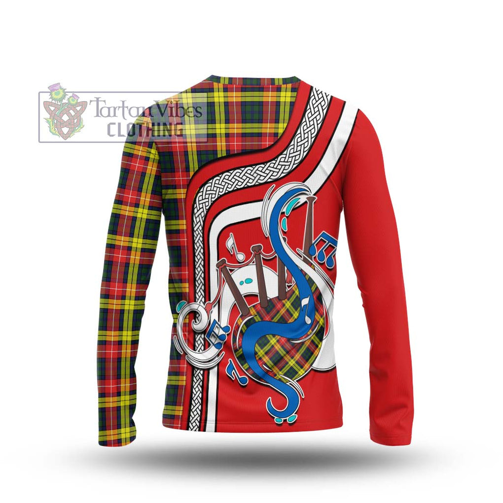 Tartan Vibes Clothing Buchanan Modern Tartan Long Sleeve T-Shirt with Epic Bagpipe Style