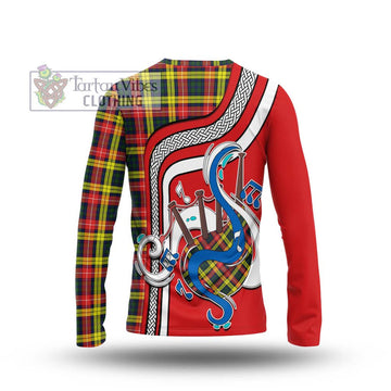 Buchanan Modern Tartan Long Sleeve T-Shirt with Epic Bagpipe Style