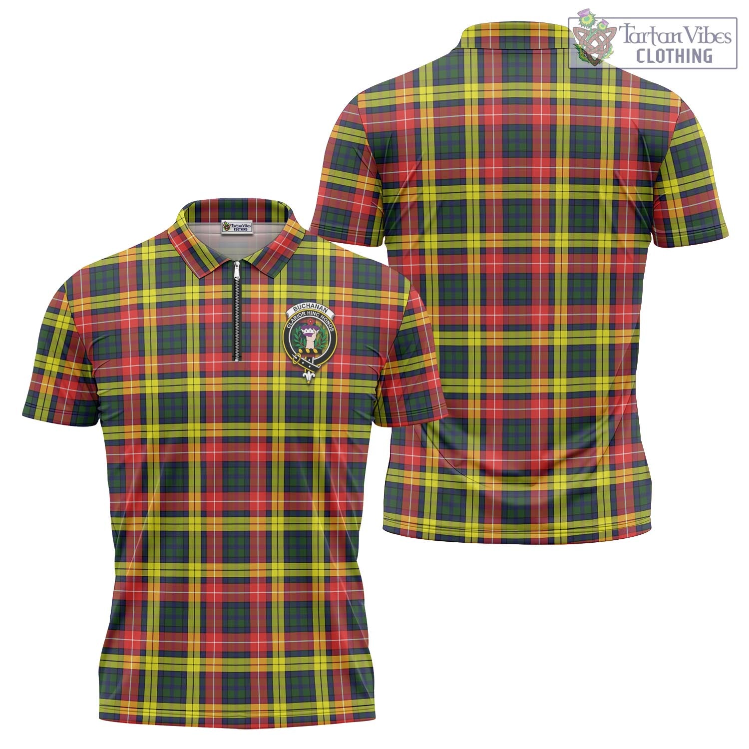 Tartan Vibes Clothing Buchanan Modern Tartan Zipper Polo Shirt with Family Crest