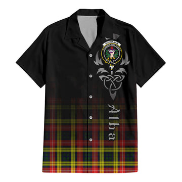 Buchanan Modern Tartan Short Sleeve Button Up Shirt Featuring Alba Gu Brath Family Crest Celtic Inspired