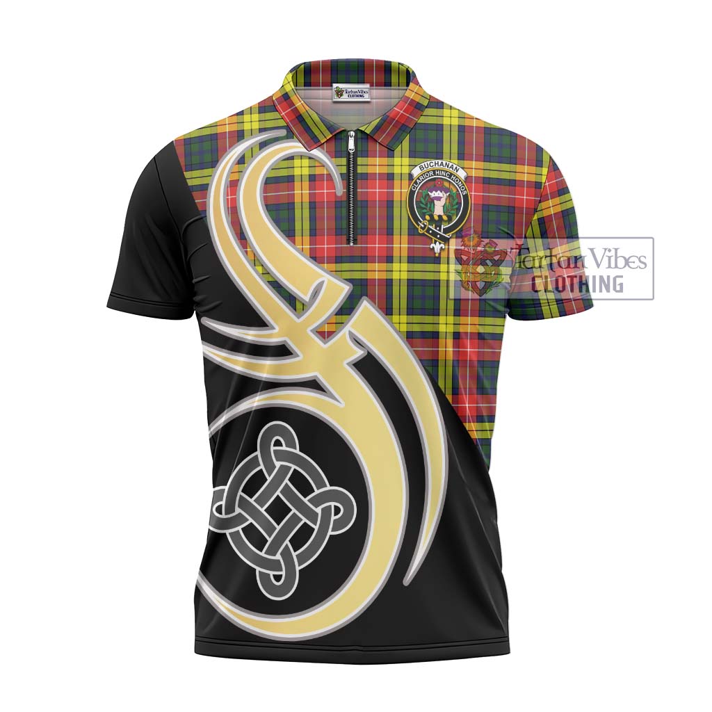 Tartan Vibes Clothing Buchanan Modern Tartan Zipper Polo Shirt with Family Crest and Celtic Symbol Style