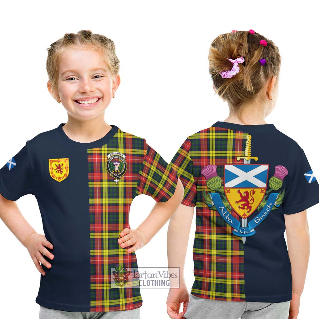 Tartan Vibes Clothing Buchanan Modern Tartan Kid T-Shirt with Scottish Lion Royal Arm Half Style