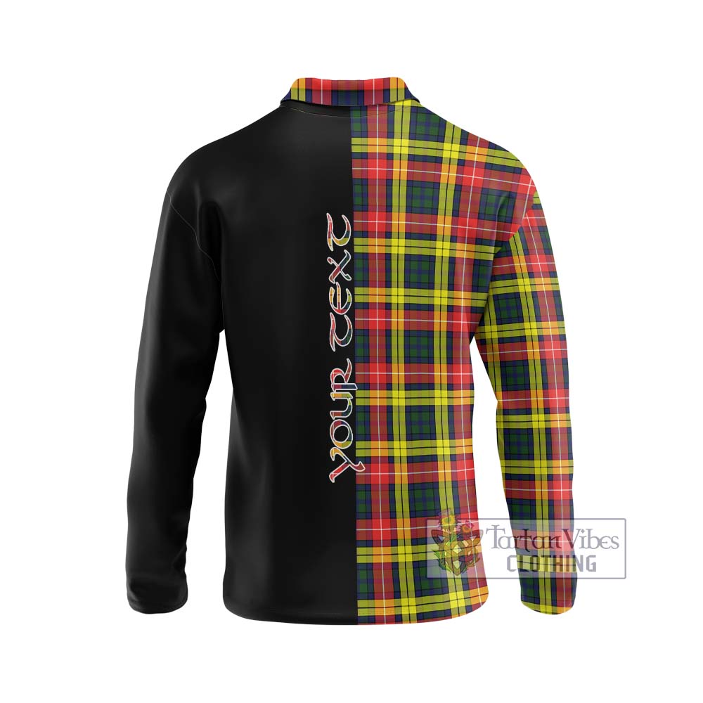 Buchanan Modern Tartan Long Sleeve Polo Shirt with Family Crest and Half Of Me Style - Tartanvibesclothing Shop