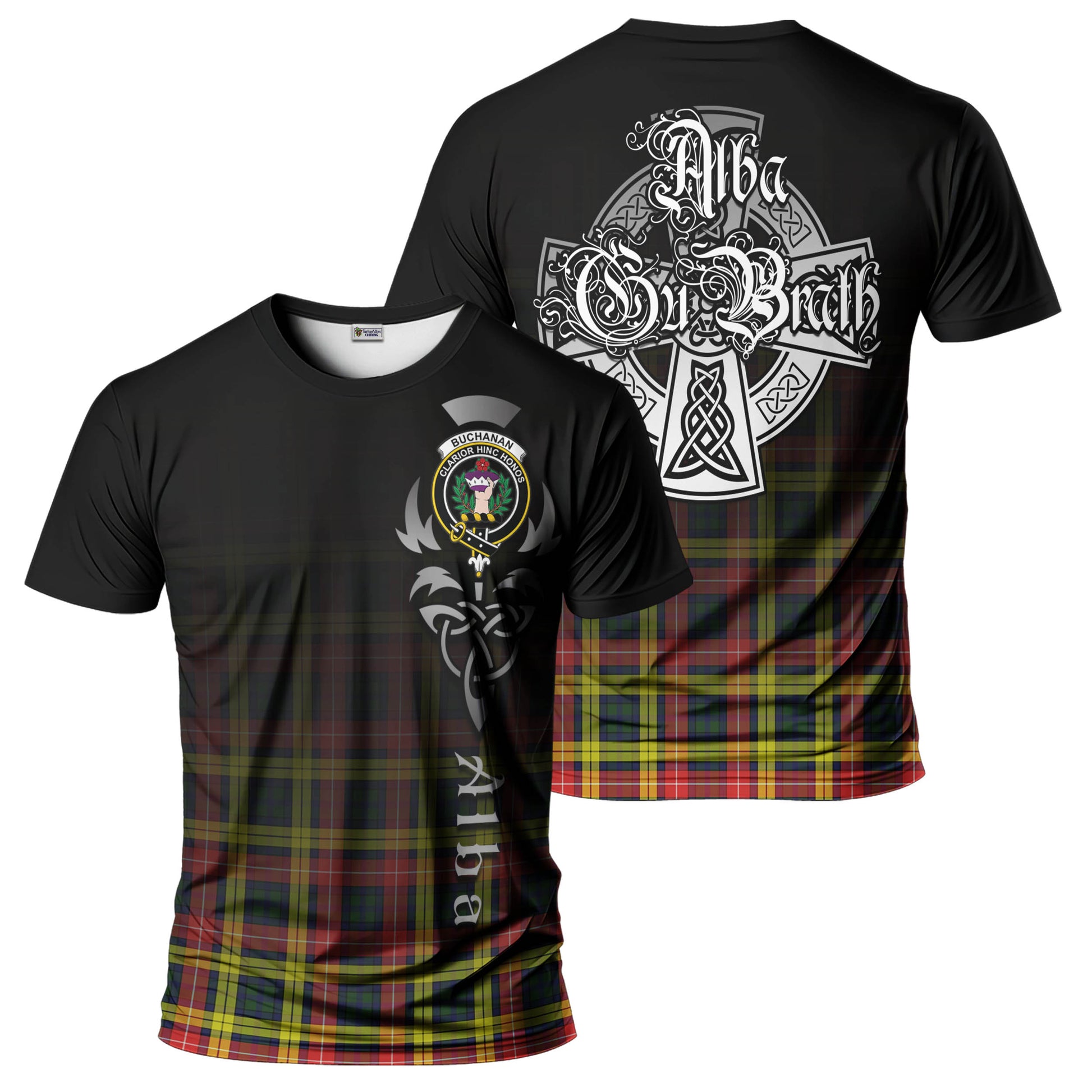 Tartan Vibes Clothing Buchanan Modern Tartan T-Shirt Featuring Alba Gu Brath Family Crest Celtic Inspired