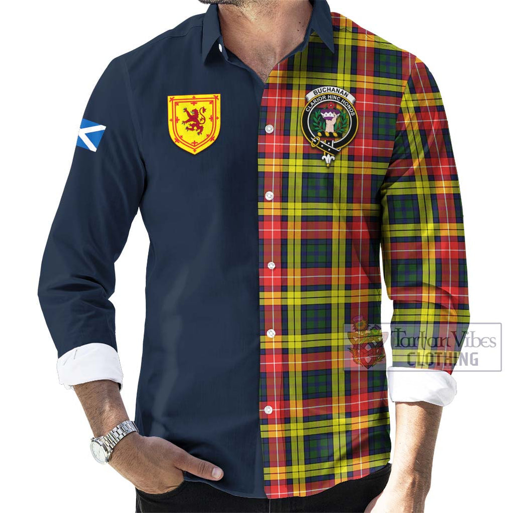 Tartan Vibes Clothing Buchanan Modern Tartan Long Sleeve Button Shirt with Scottish Lion Royal Arm Half Style