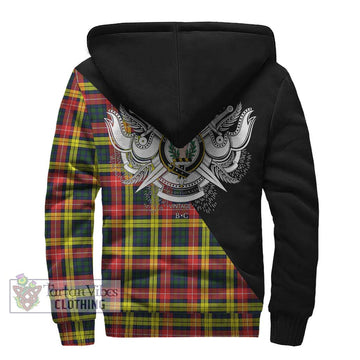 Buchanan Modern Tartan Sherpa Hoodie with Family Crest and Military Logo Style