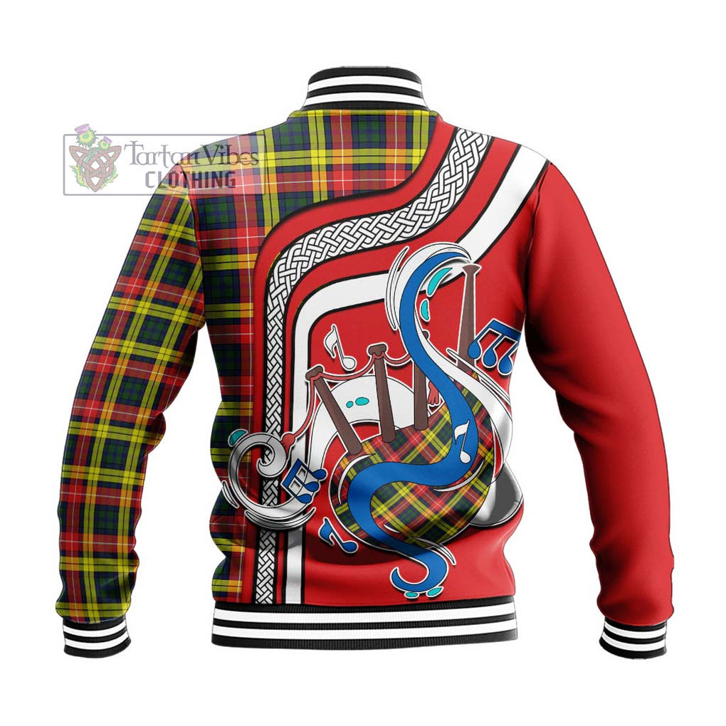 Tartan Vibes Clothing Buchanan Modern Tartan Baseball Jacket with Epic Bagpipe Style