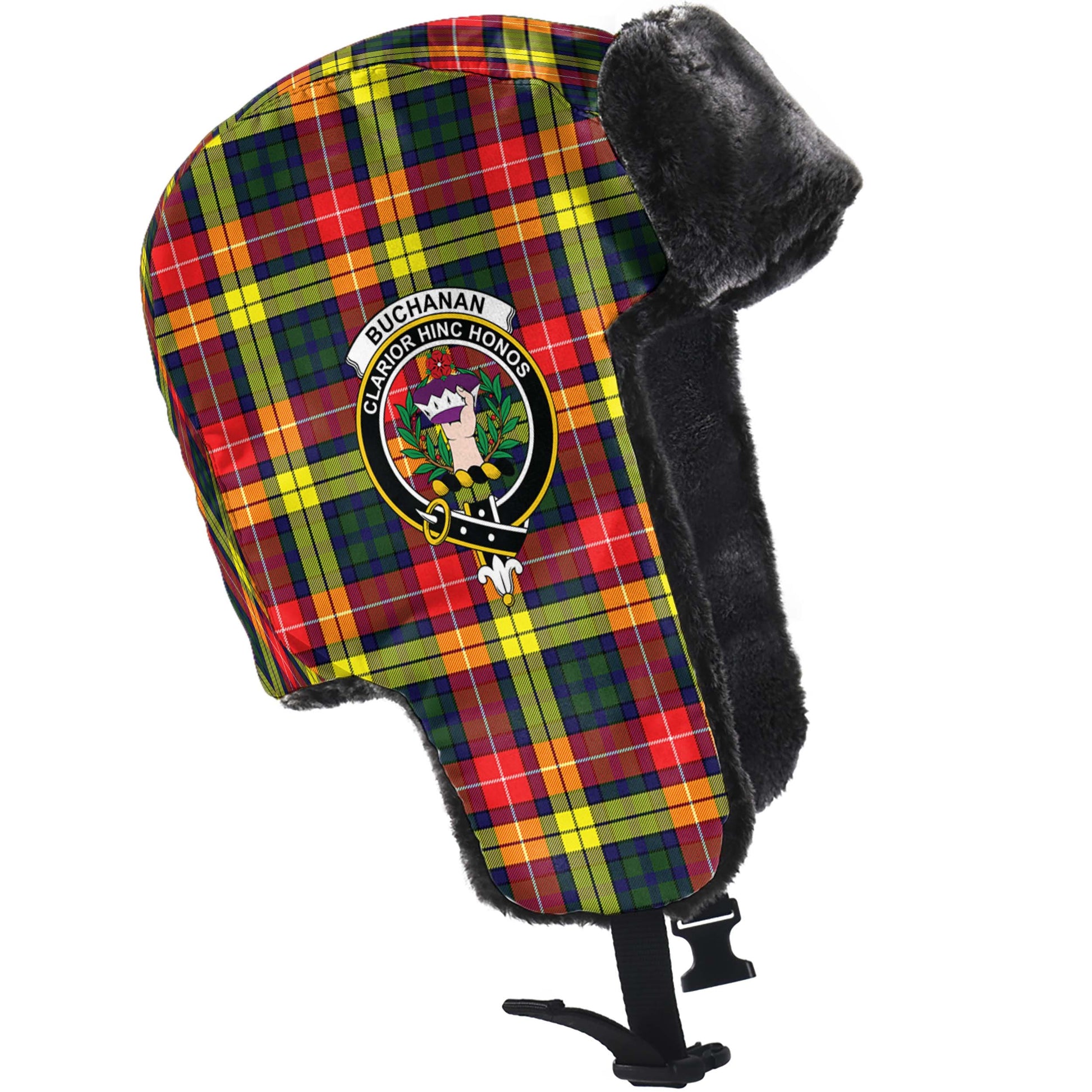 Buchanan Modern Tartan Winter Trapper Hat with Family Crest - Tartanvibesclothing