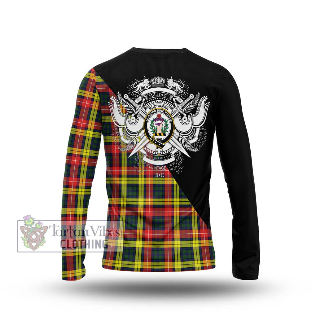 Buchanan Modern Tartan Long Sleeve T-Shirt with Family Crest and Military Logo Style - Tartanvibesclothing Shop