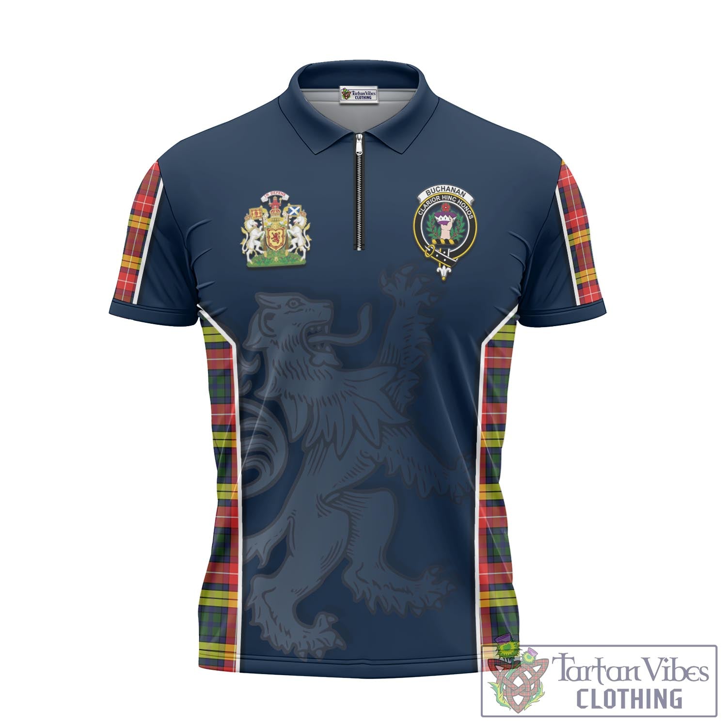 Tartan Vibes Clothing Buchanan Modern Tartan Zipper Polo Shirt with Family Crest and Lion Rampant Vibes Sport Style