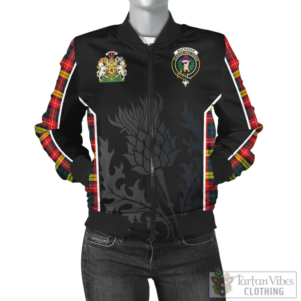 Tartan Vibes Clothing Buchanan Modern Tartan Bomber Jacket with Family Crest and Scottish Thistle Vibes Sport Style