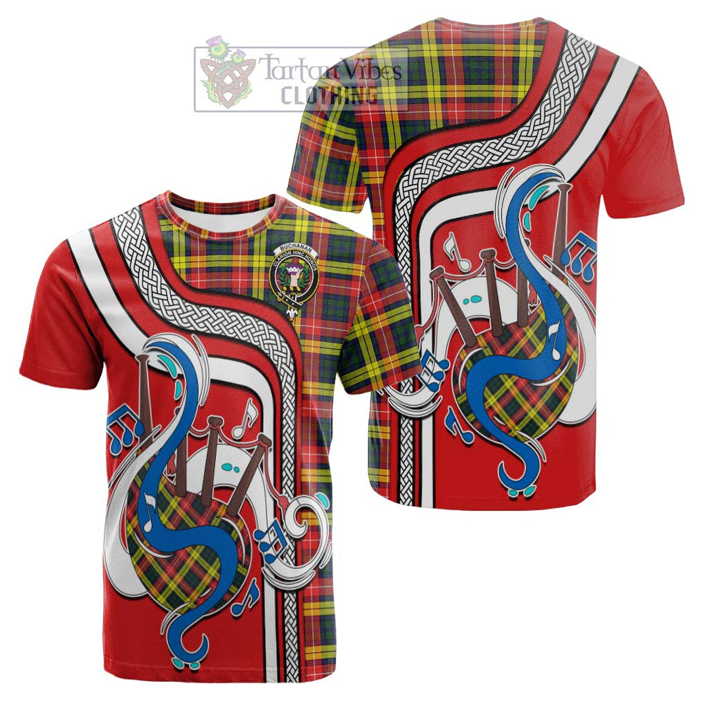 Tartan Vibes Clothing Buchanan Modern Tartan Cotton T-shirt with Epic Bagpipe Style