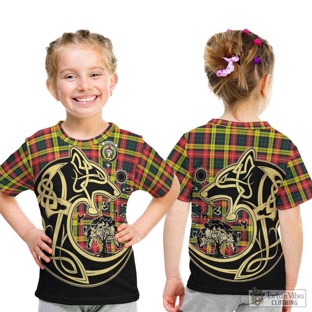 Buchanan Modern Tartan Kid T-Shirt with Family Crest Celtic Wolf Style - Tartan Vibes Clothing