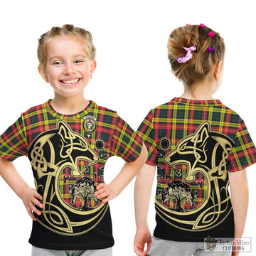 Buchanan Modern Tartan Kid T-Shirt with Family Crest Celtic Wolf Style