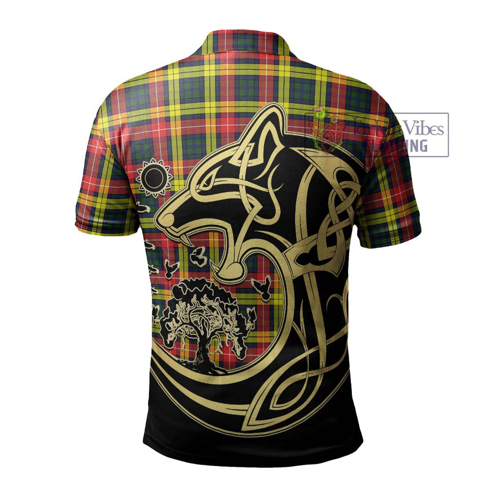 Buchanan Modern Tartan Polo Shirt with Family Crest Celtic Wolf Style - Tartanvibesclothing Shop