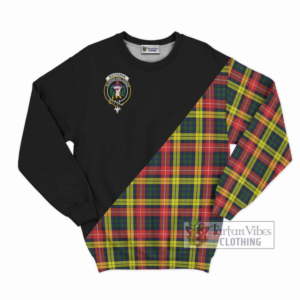 Buchanan Modern Tartan Sweatshirt with Family Crest and Military Logo Style - Tartanvibesclothing Shop