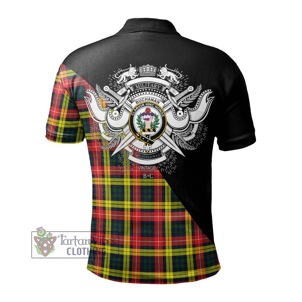 Buchanan Modern Tartan Polo Shirt with Family Crest and Military Logo Style - Tartanvibesclothing Shop