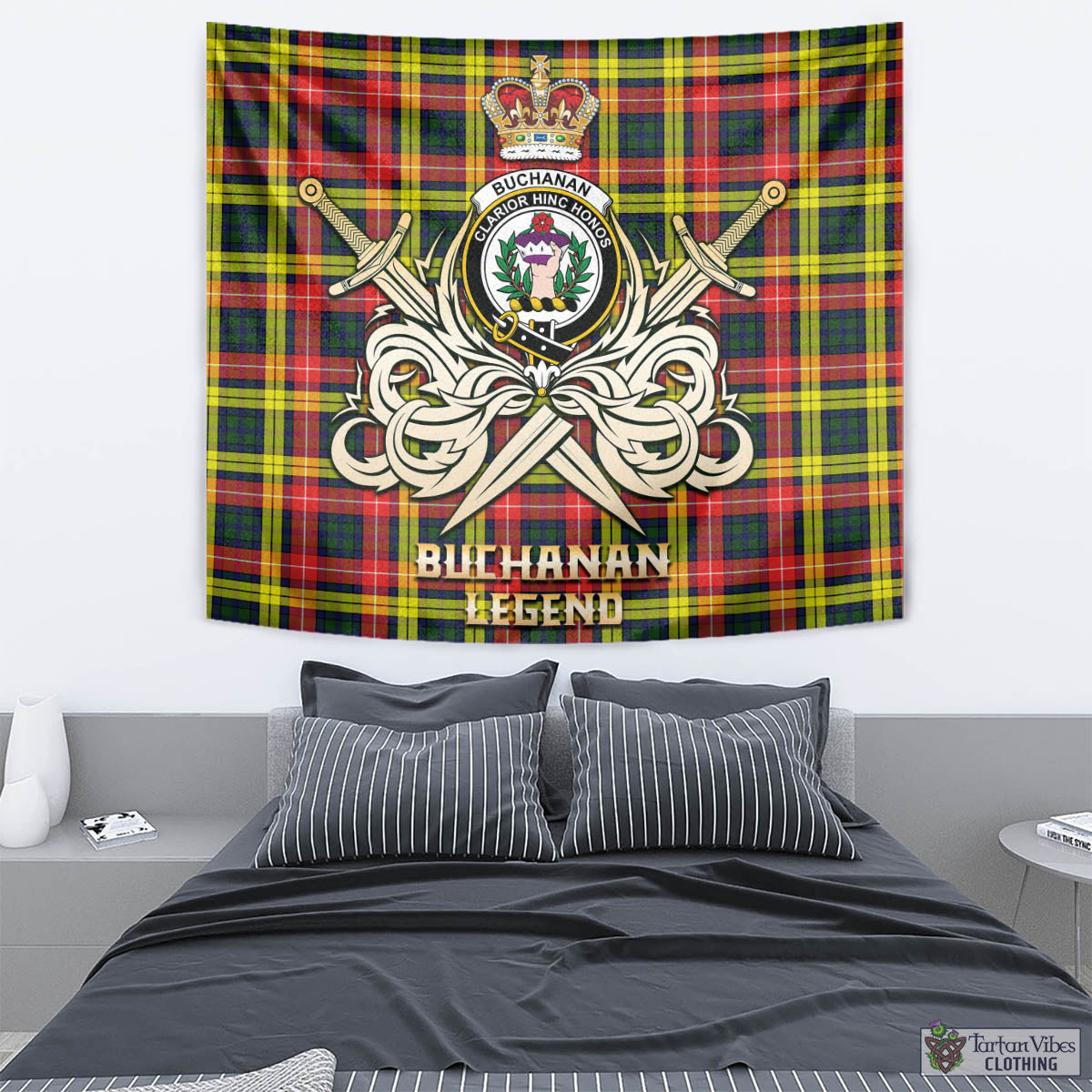 Tartan Vibes Clothing Buchanan Modern Tartan Tapestry with Clan Crest and the Golden Sword of Courageous Legacy