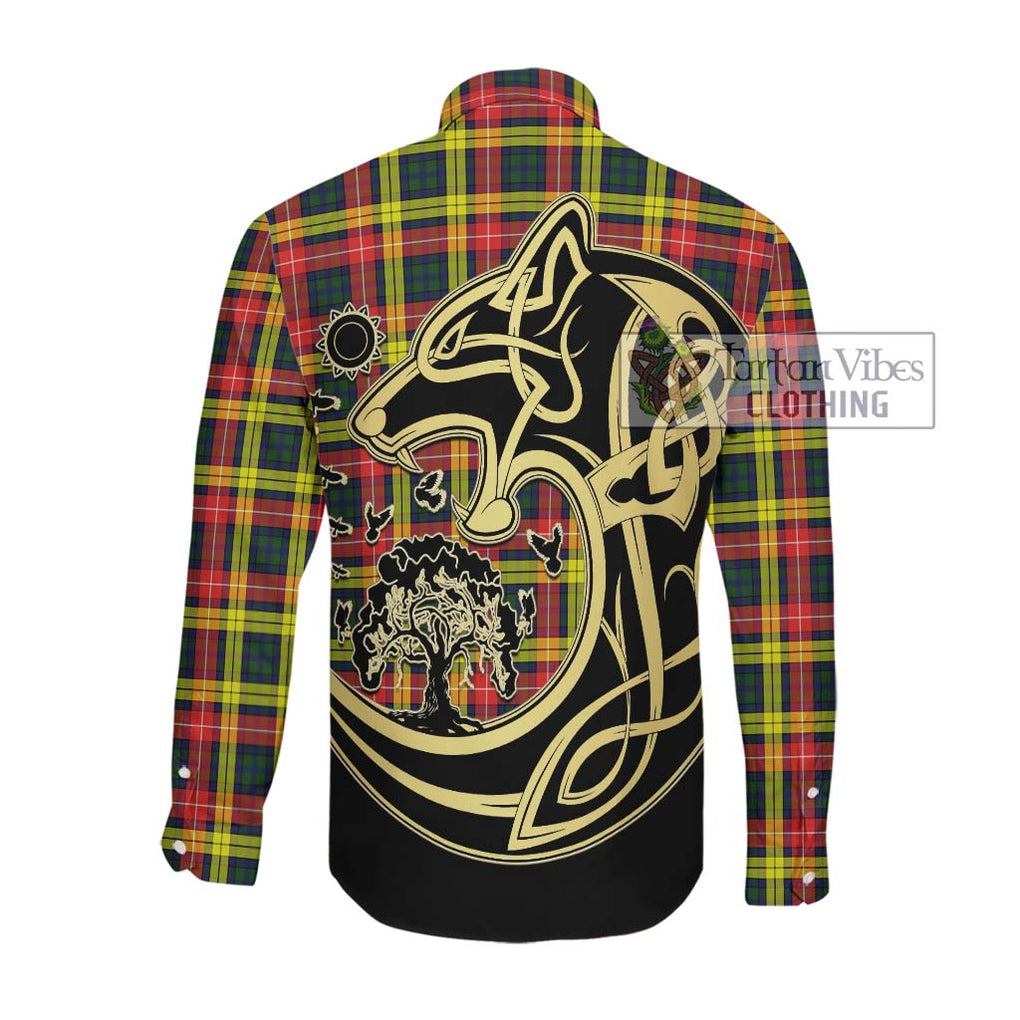 Buchanan Modern Tartan Long Sleeve Button Shirt with Family Crest Celtic Wolf Style Men's Shirt - Tartan Vibes Clothing