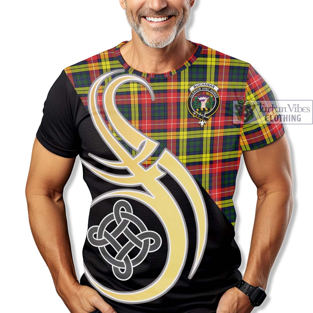 Tartan Vibes Clothing Buchanan Modern Tartan T-Shirt with Family Crest and Celtic Symbol Style