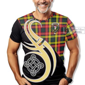 Buchanan Modern Tartan T-Shirt with Family Crest and Celtic Symbol Style