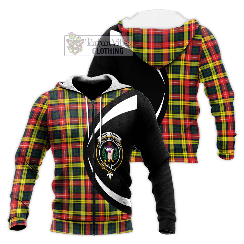 Buchanan Modern Tartan Knitted Hoodie with Family Crest Circle Style Unisex Knitted Zip Hoodie - Tartan Vibes Clothing