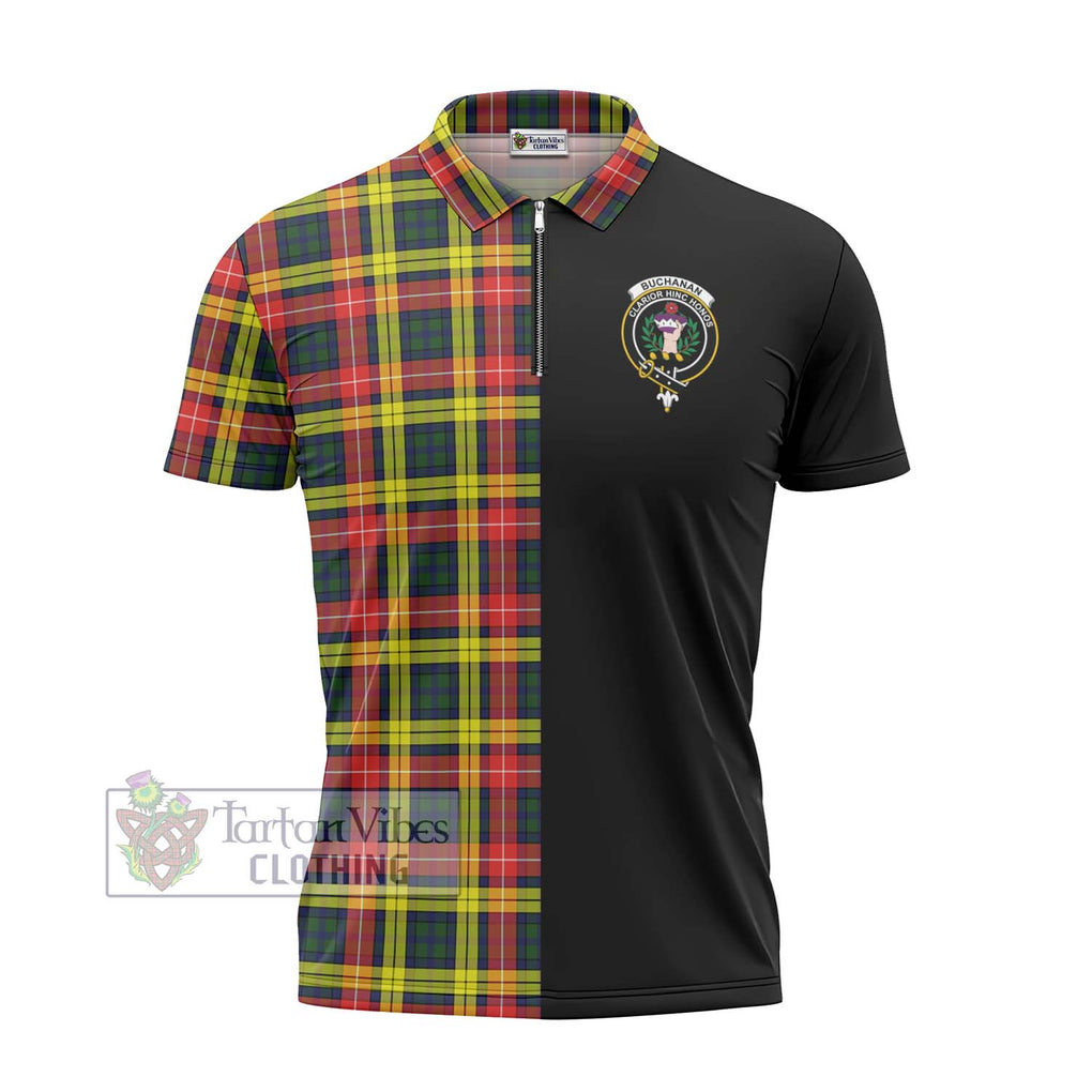 Buchanan Modern Tartan Zipper Polo Shirt with Family Crest and Half Of Me Style - Tartanvibesclothing Shop