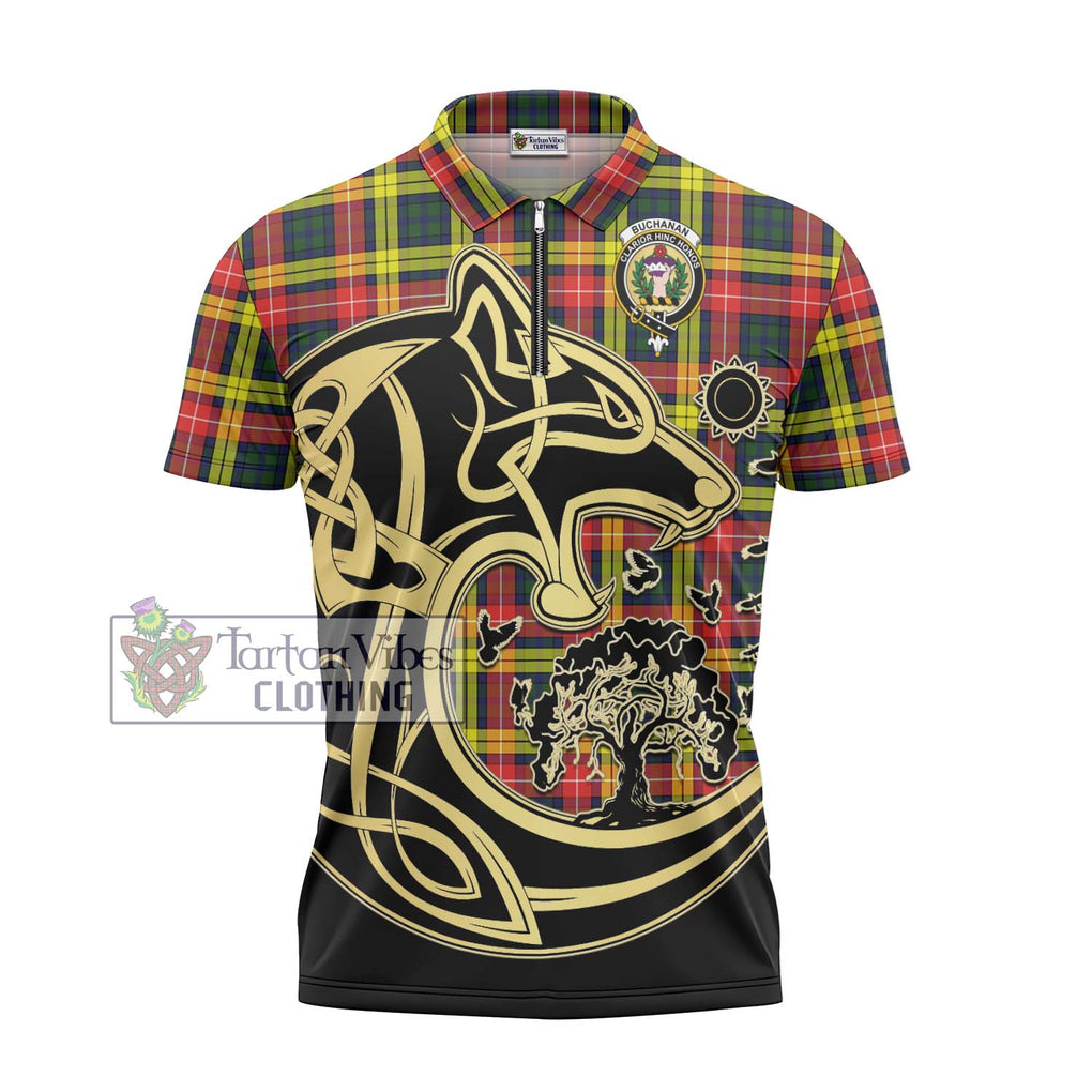 Buchanan Modern Tartan Zipper Polo Shirt with Family Crest Celtic Wolf Style - Tartanvibesclothing Shop