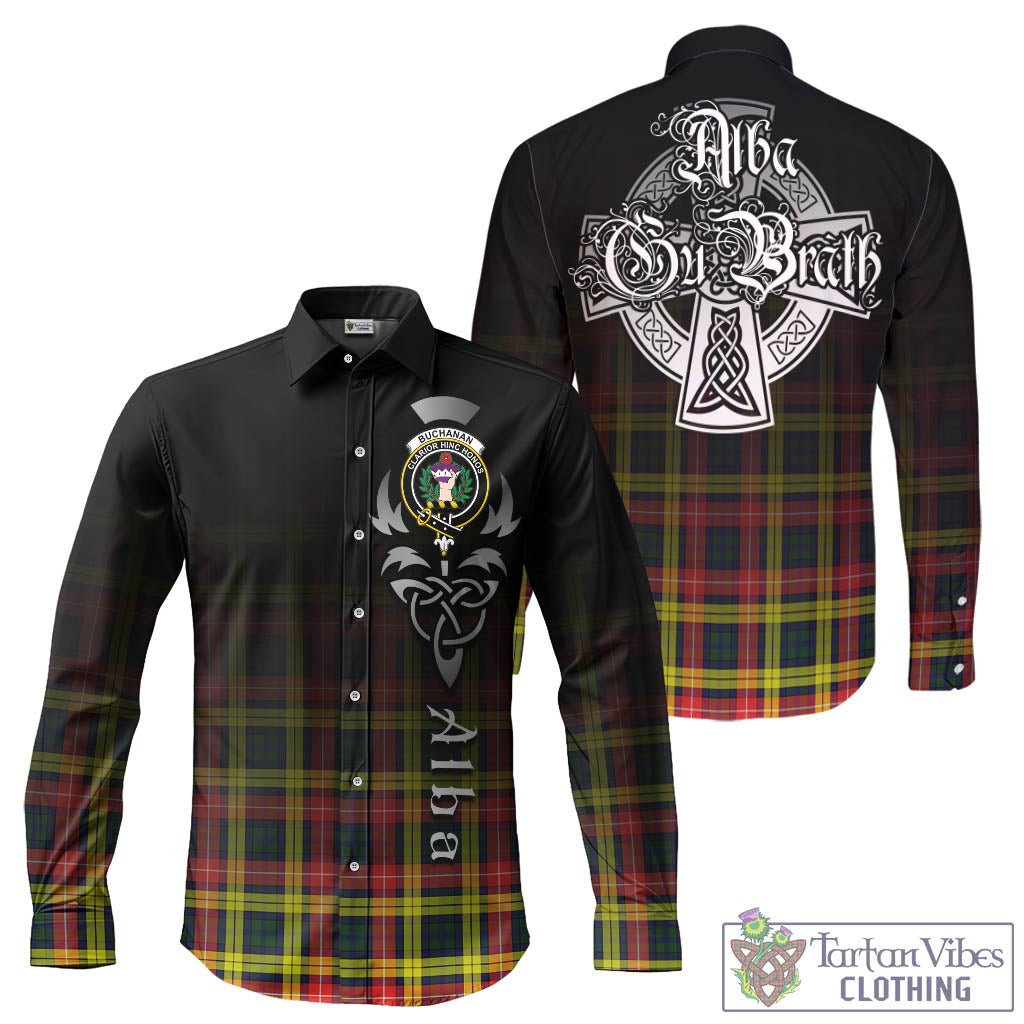 Tartan Vibes Clothing Buchanan Modern Tartan Long Sleeve Button Up Featuring Alba Gu Brath Family Crest Celtic Inspired