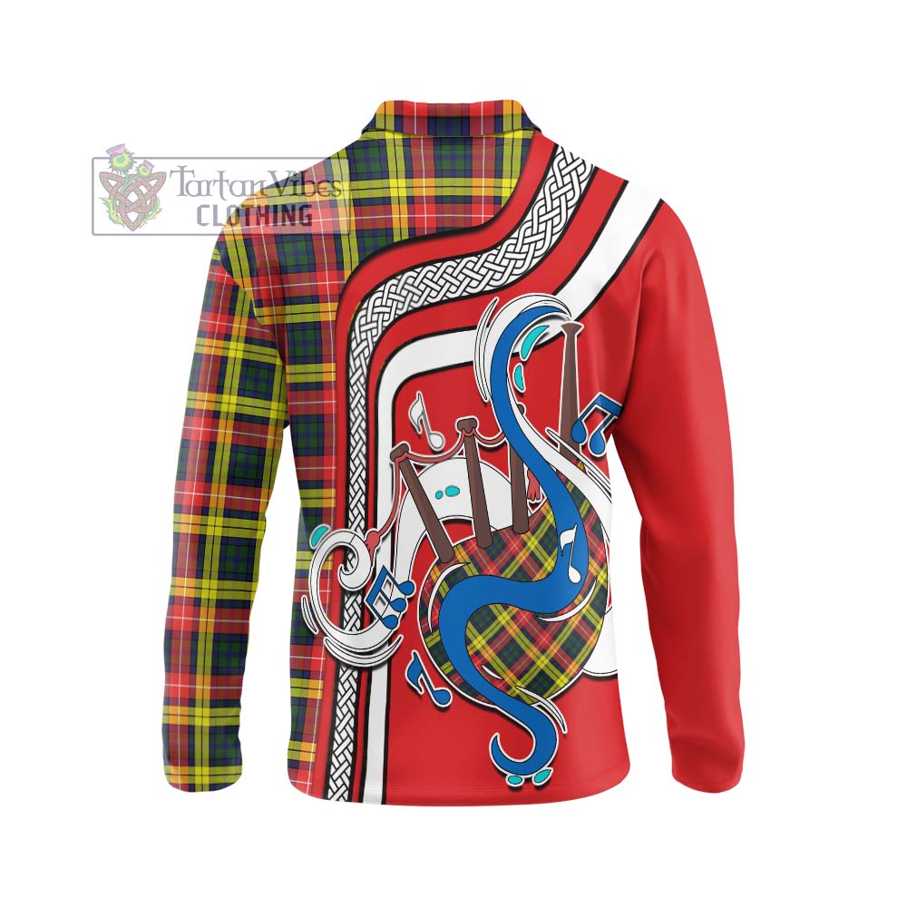 Tartan Vibes Clothing Buchanan Modern Tartan Long Sleeve Polo Shirt with Epic Bagpipe Style