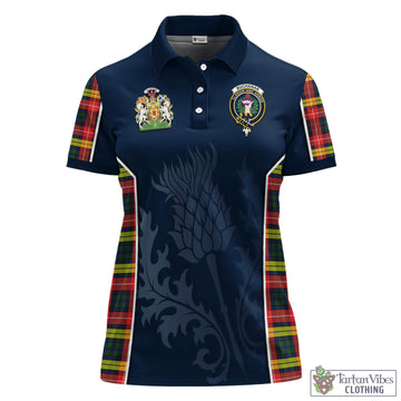 Buchanan Modern Tartan Women's Polo Shirt with Family Crest and Scottish Thistle Vibes Sport Style