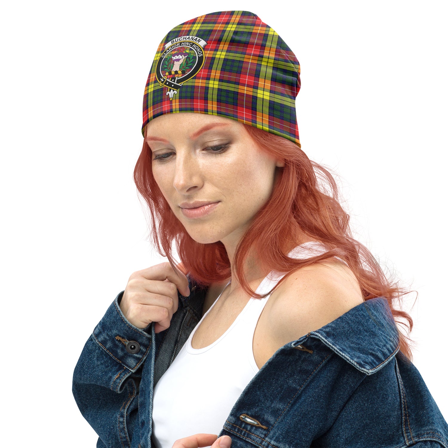 Buchanan Modern Tartan Beanies Hat with Family Crest - Tartanvibesclothing