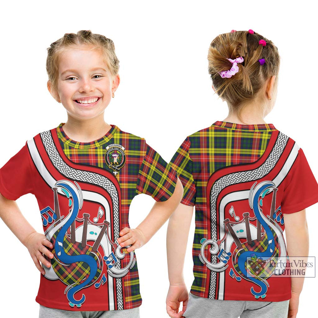 Tartan Vibes Clothing Buchanan Modern Tartan Kid T-Shirt with Epic Bagpipe Style