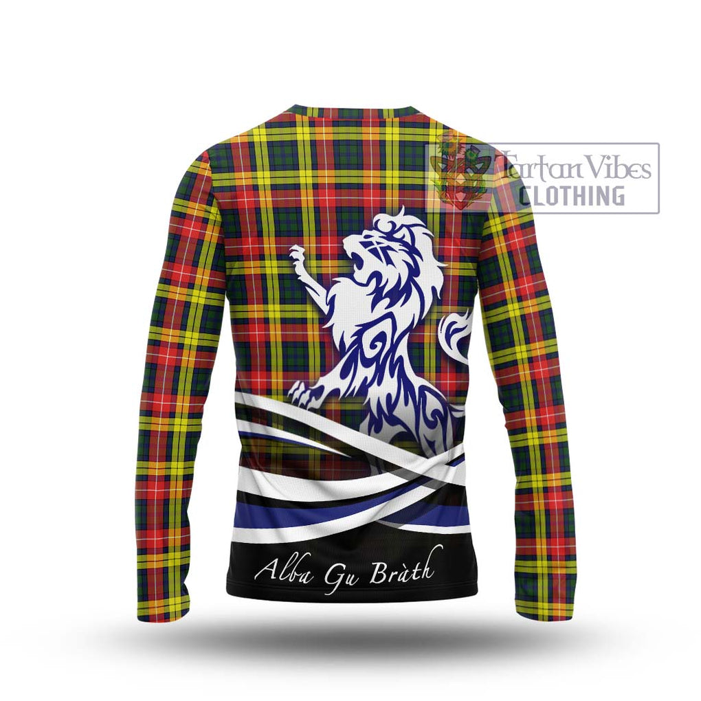 Buchanan Modern Tartan Long Sleeve T-Shirt with Alba Gu Brath Regal Lion Emblem - Tartanvibesclothing Shop