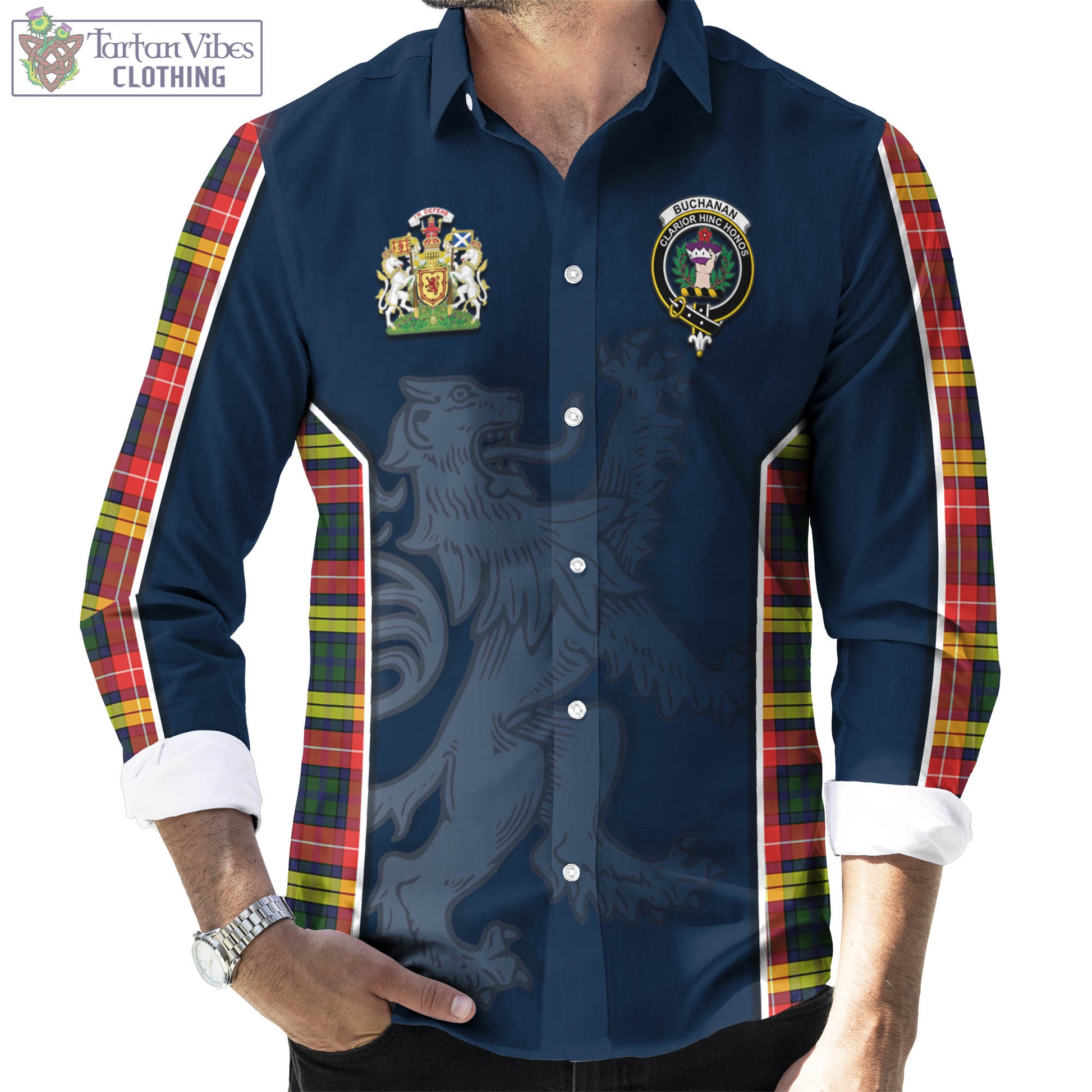 Tartan Vibes Clothing Buchanan Modern Tartan Long Sleeve Button Up Shirt with Family Crest and Lion Rampant Vibes Sport Style