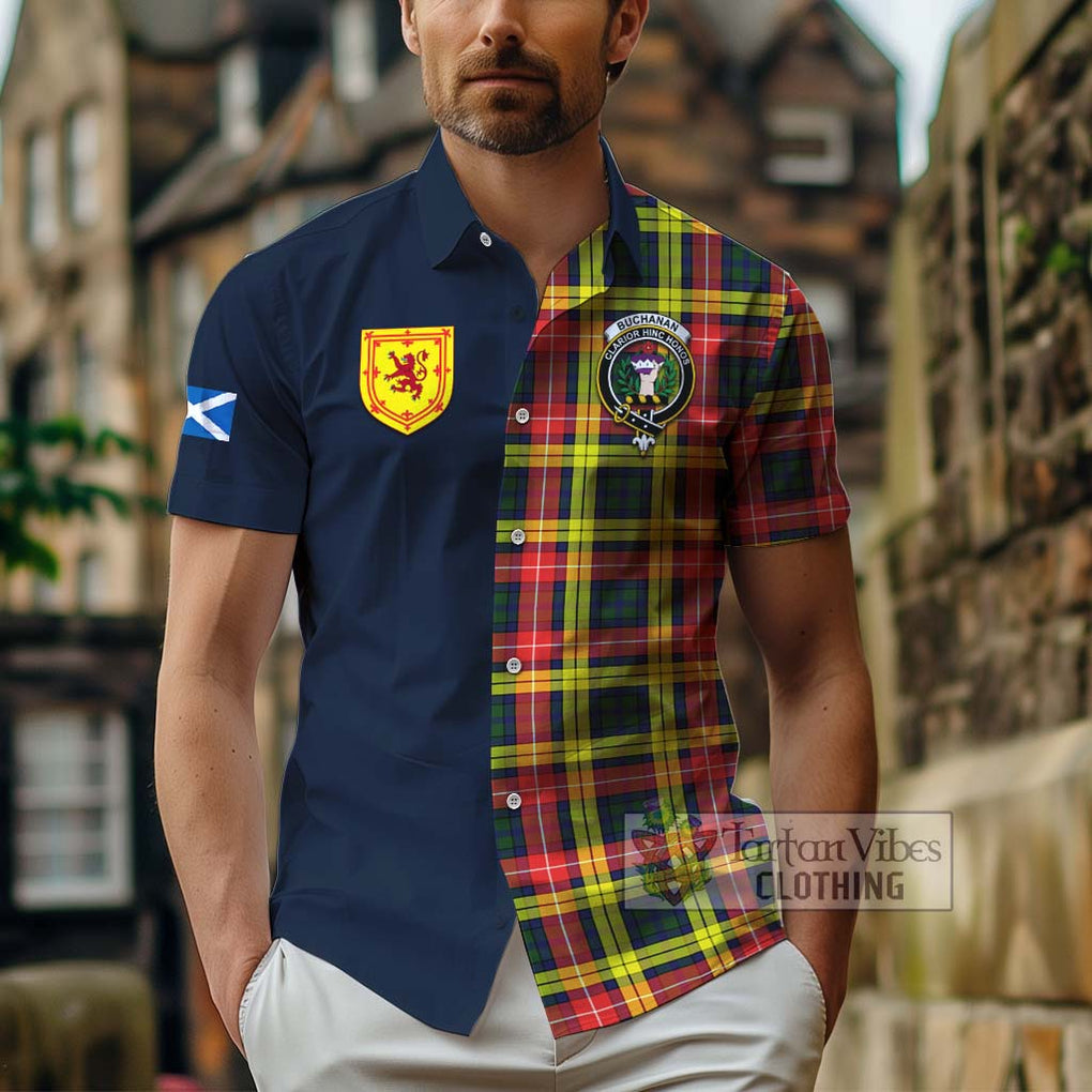 Tartan Vibes Clothing Buchanan Modern Tartan Short Sleeve Button Shirt with Scottish Lion Royal Arm Half Style