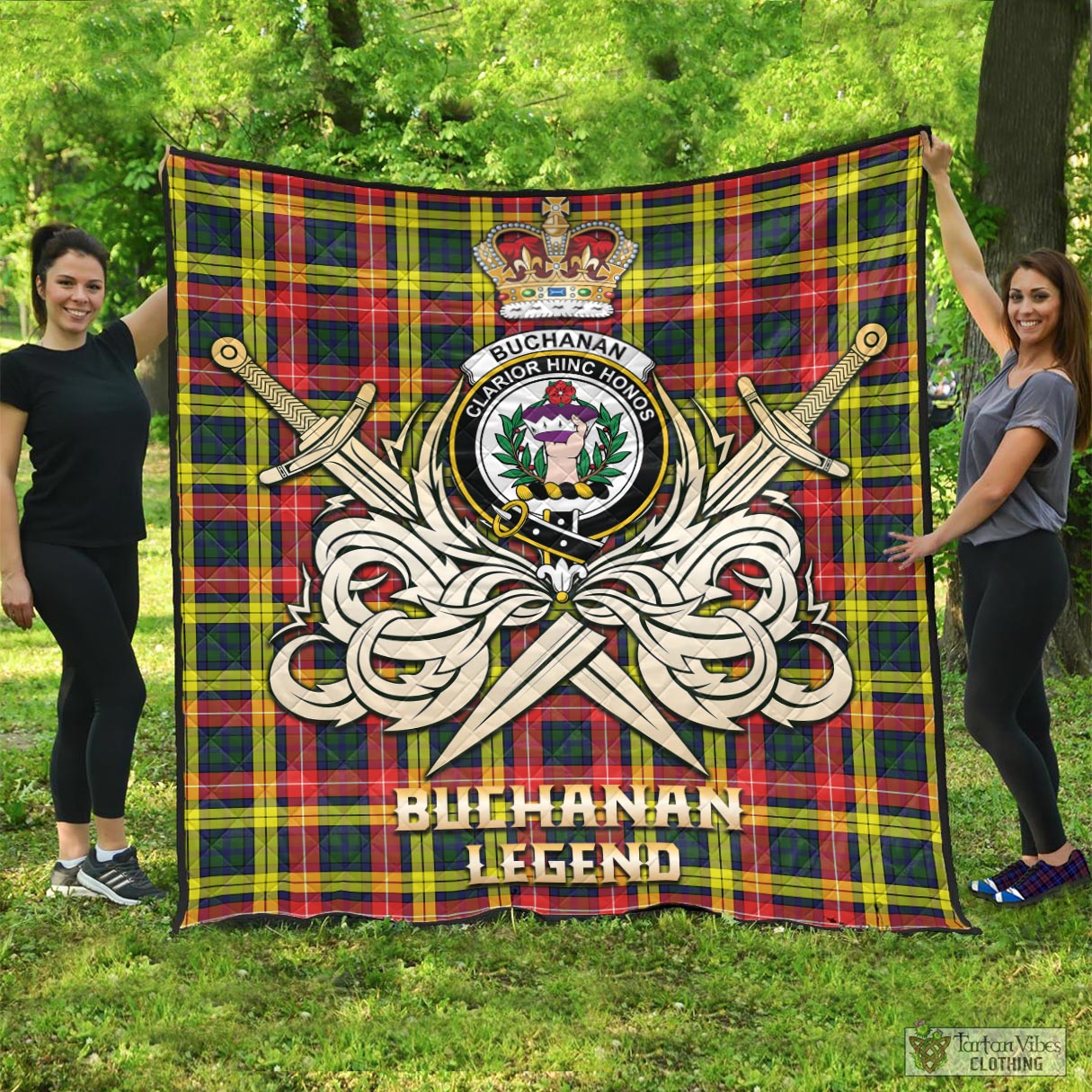 Tartan Vibes Clothing Buchanan Modern Tartan Quilt with Clan Crest and the Golden Sword of Courageous Legacy