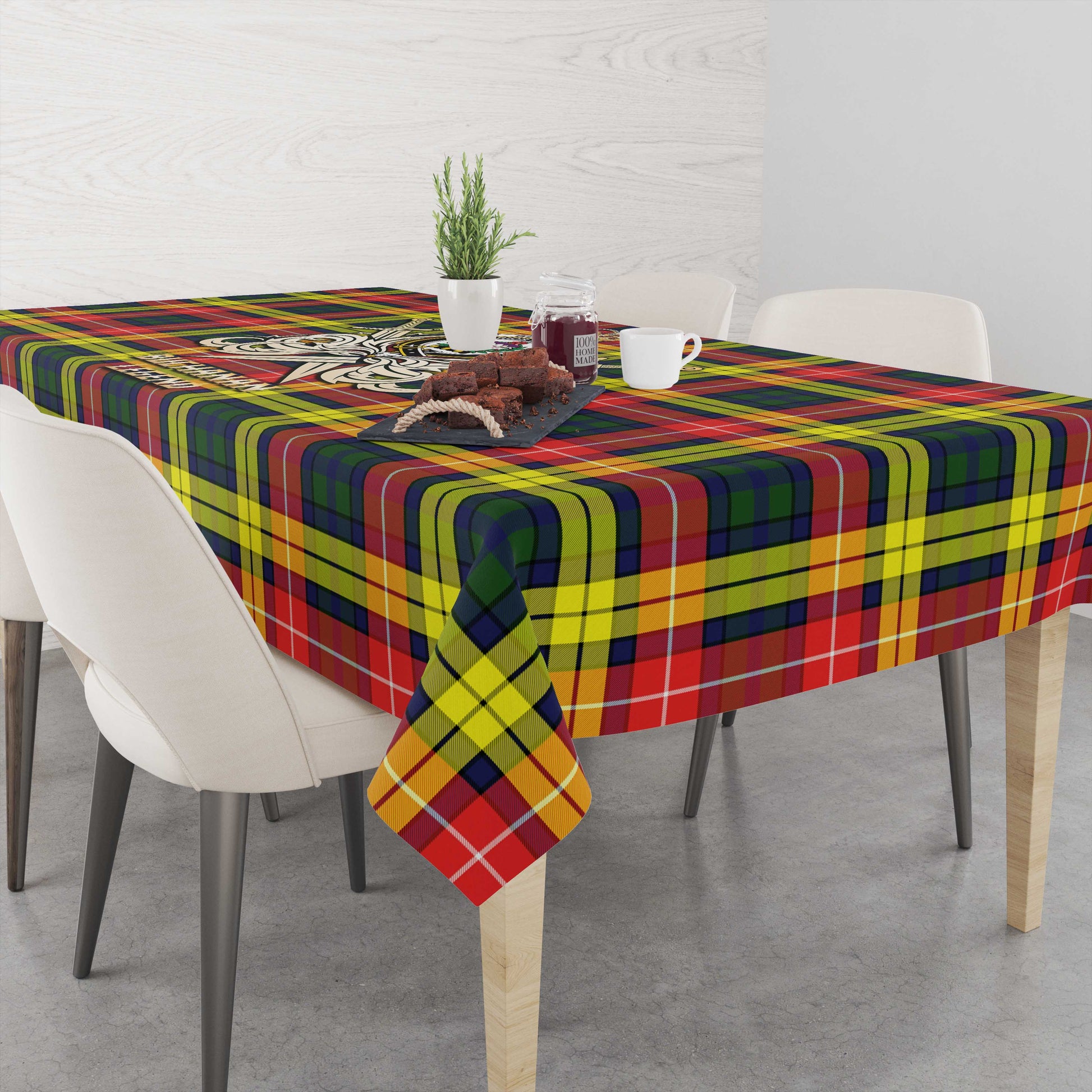 Tartan Vibes Clothing Buchanan Modern Tartan Tablecloth with Clan Crest and the Golden Sword of Courageous Legacy