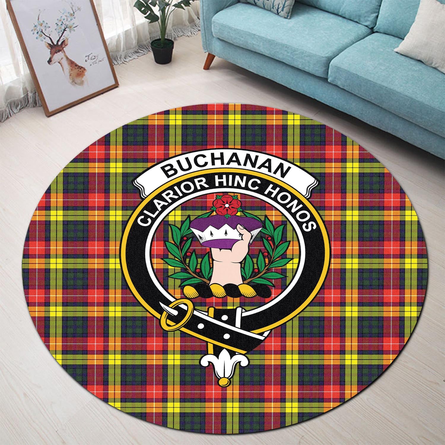 Buchanan Modern Tartan Round Rug with Family Crest - Tartanvibesclothing