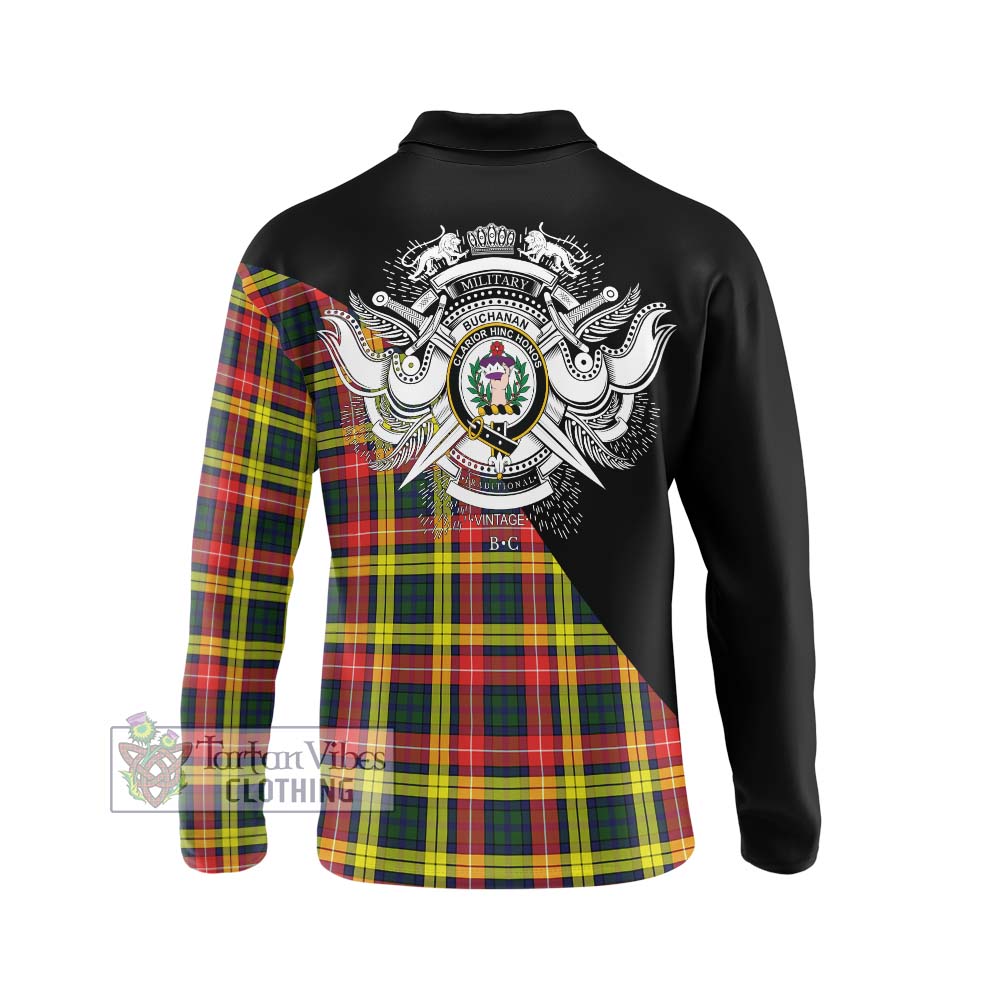 Buchanan Modern Tartan Long Sleeve Polo Shirt with Family Crest and Military Logo Style - Tartanvibesclothing Shop