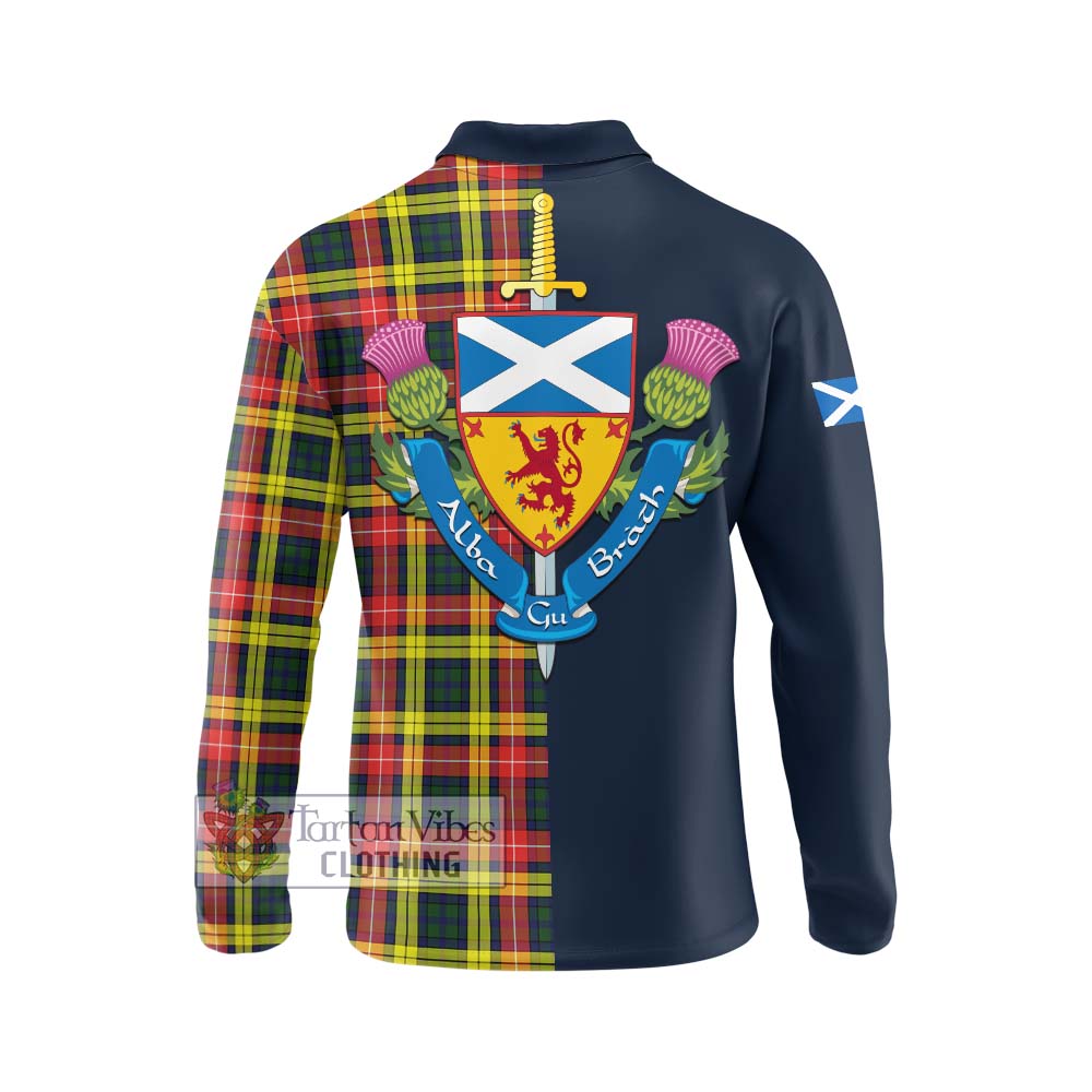 Tartan Vibes Clothing Buchanan Modern Tartan Long Sleeve Polo Shirt with Scottish Lion Royal Arm Half Style