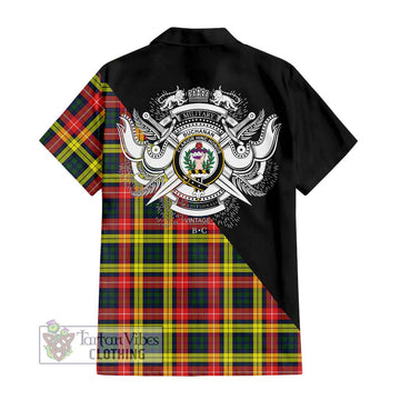 Buchanan Modern Tartan Short Sleeve Button Shirt with Family Crest and Military Logo Style