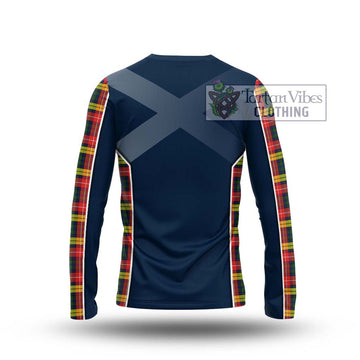 Buchanan Modern Tartan Long Sleeve T-Shirt with Family Crest and Lion Rampant Vibes Sport Style