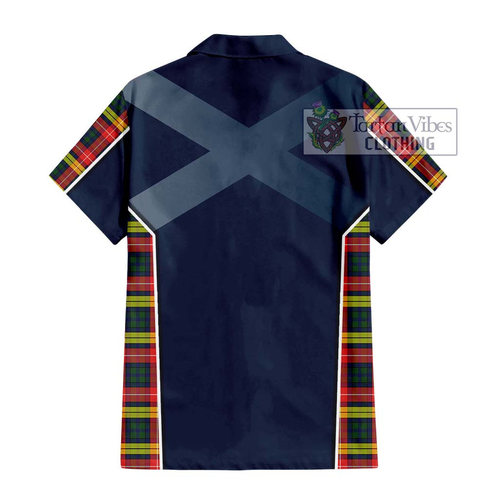 Buchanan Modern Tartan Short Sleeve Button Shirt with Family Crest and Lion Rampant Vibes Sport Style - Tartan Vibes Clothing