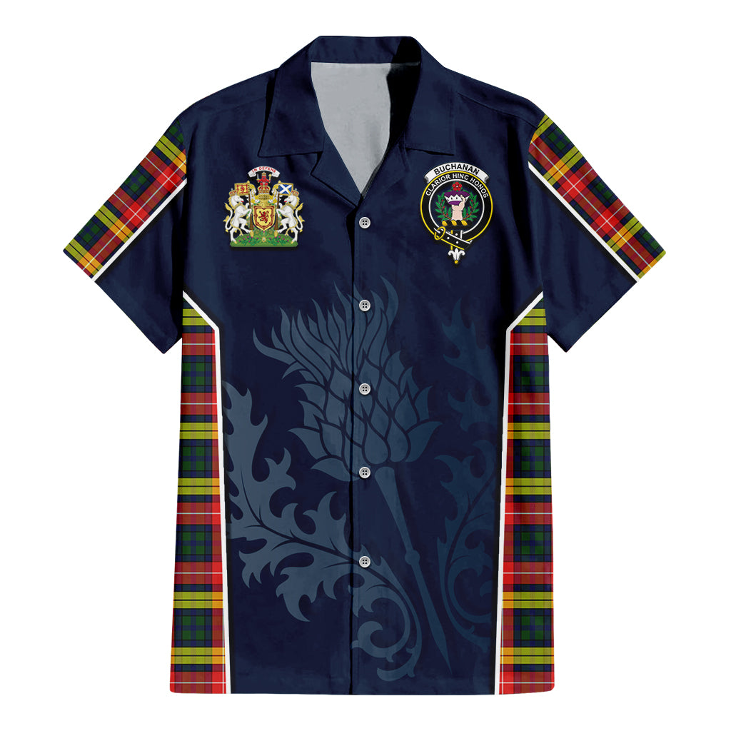 Tartan Vibes Clothing Buchanan Modern Tartan Short Sleeve Button Up Shirt with Family Crest and Scottish Thistle Vibes Sport Style